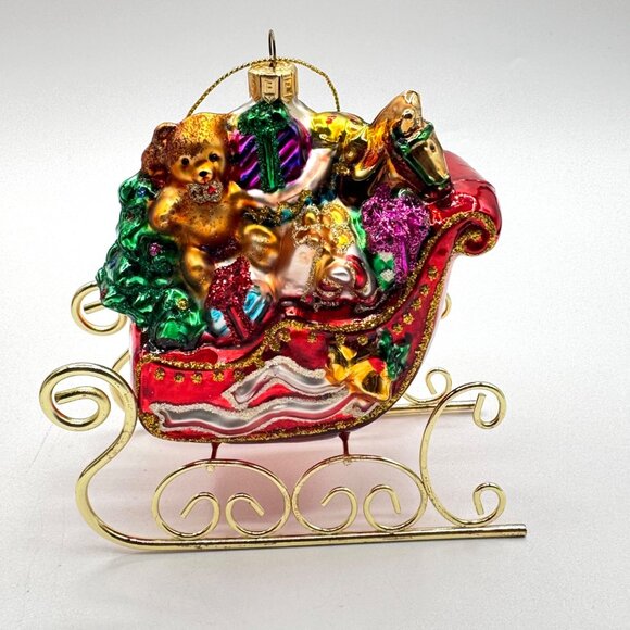 Vintage Fitz And Floyd Santa's Sleigh & Gifts Glass Ornament - Picture 2 of 5